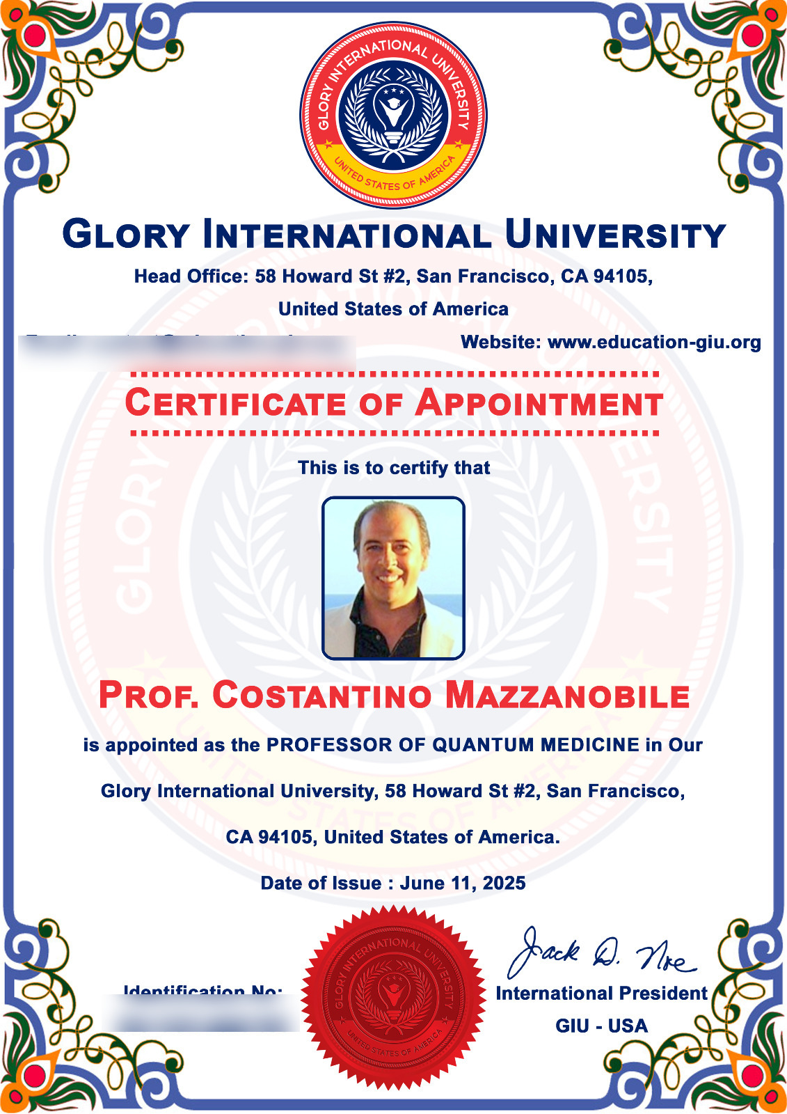 Glory International University (USA) — Certificate of Appointment, Prof. Costantino Mazzanobile (Quantum Medicine).