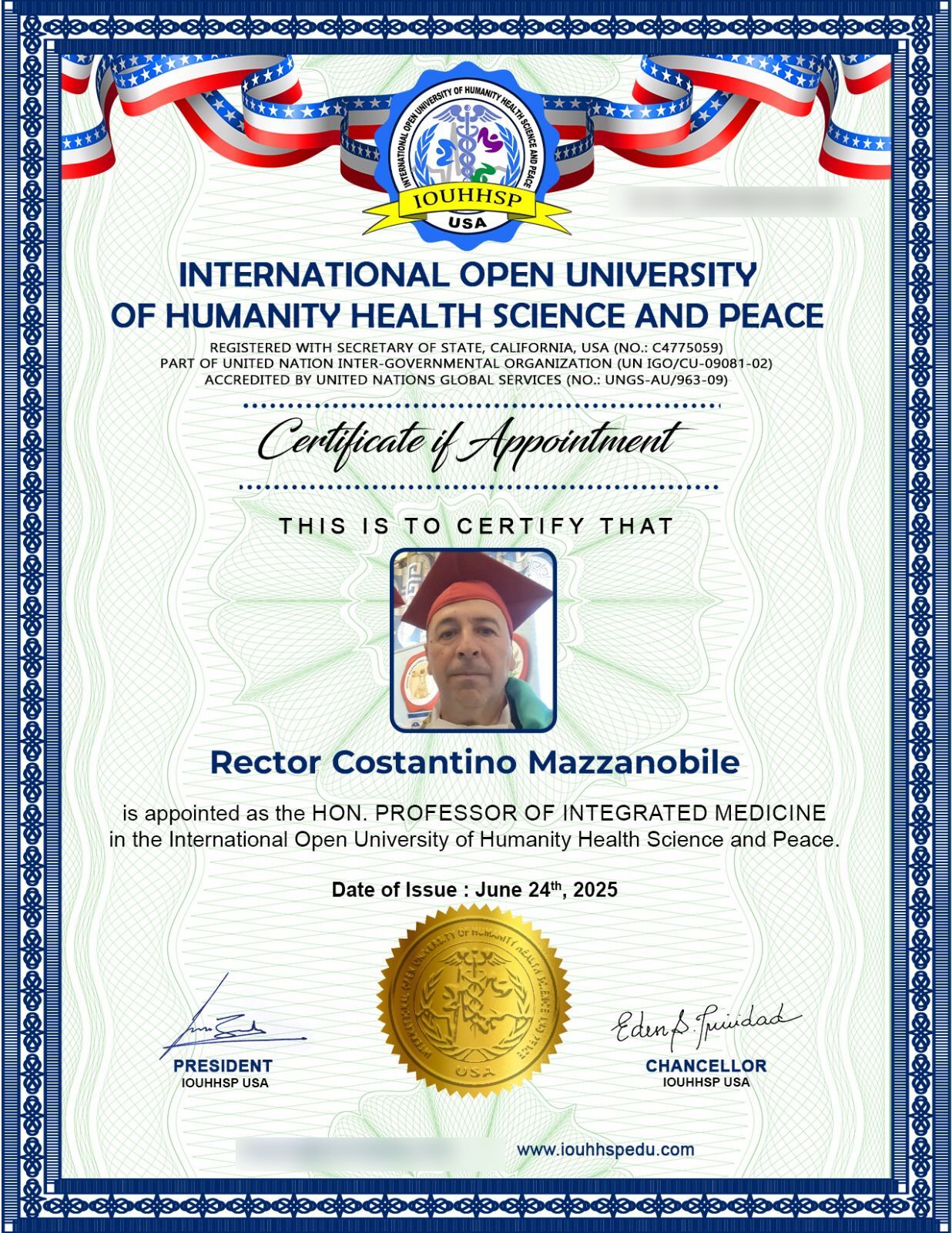 IOUHHSP — Hon. Professor of Integrated Medicine, Rettore Costantino Mazzanobile.