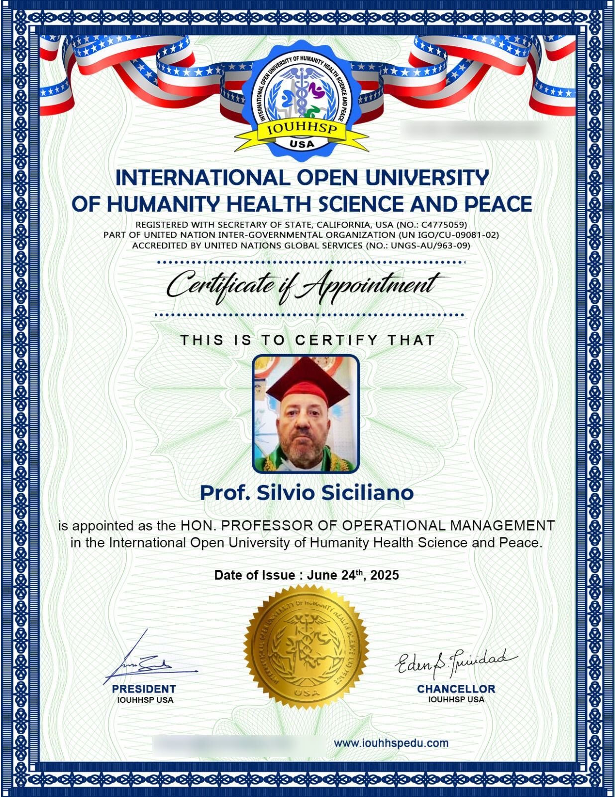 IOUHHSP — Hon. Professor of Operational Management, Prof. Silvio Siciliano.