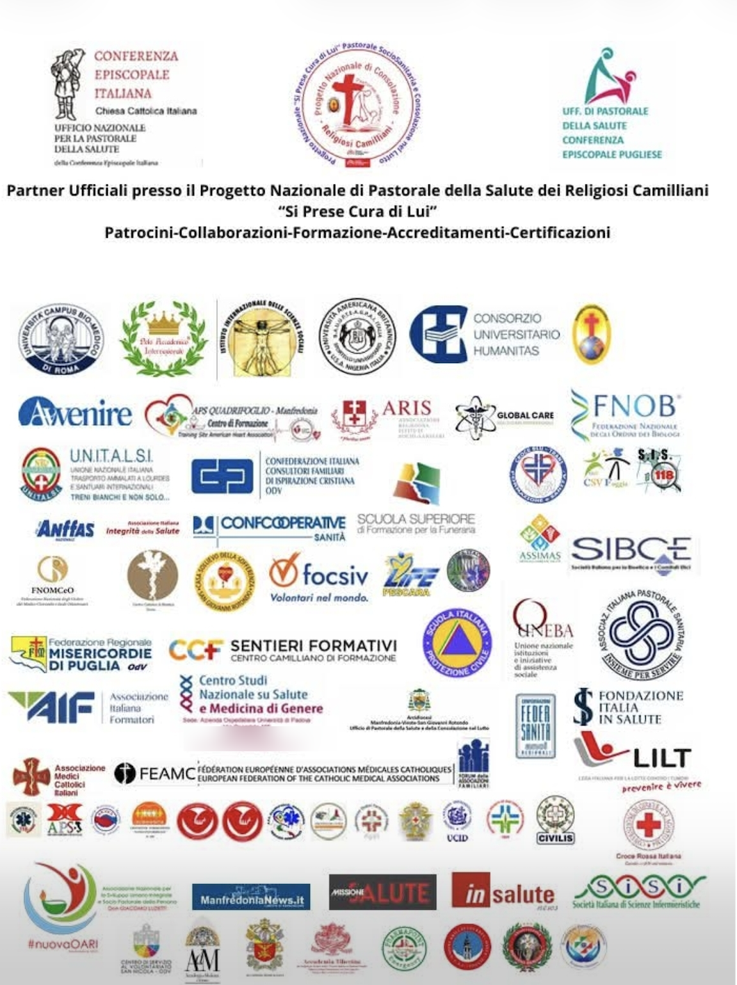 Partner ufficiali, patrocini e collaborazioni dell'Università Internazionale UPTEAG PAI nel Progetto Nazionale di Pastorale della Salute dei Religiosi Camilliani
